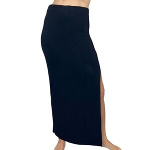 Minimalist black jersey knit pull on classic high slit long maxi skirt S